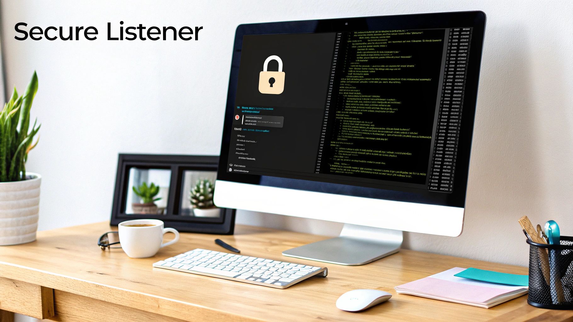 A desktop computer monitor displaying a lock icon, code, and 'Secure Listener' text on a wooden office desk.