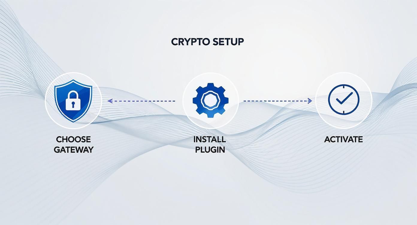 A visual diagram outlining three steps for crypto payment setup: choose gateway, install plugin, and activate.