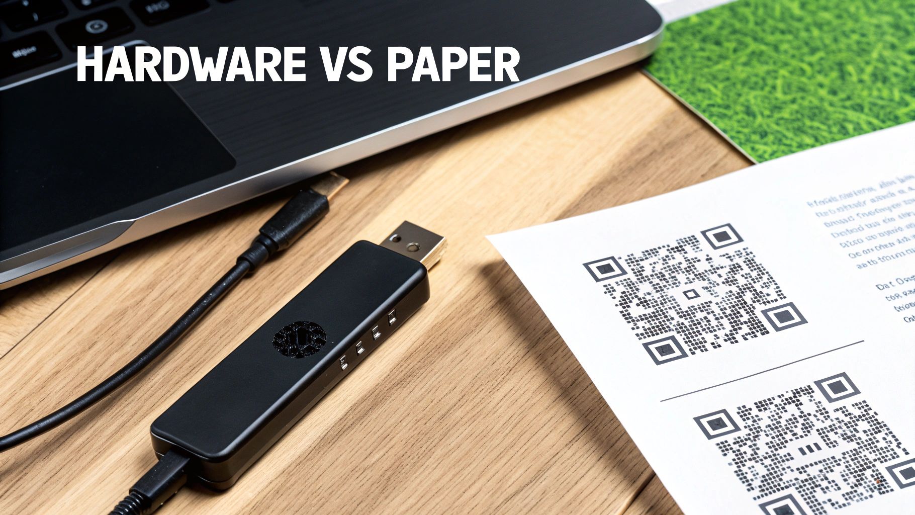 A hardware wallet and paper wallet side by side, representing the two main types of cold storage