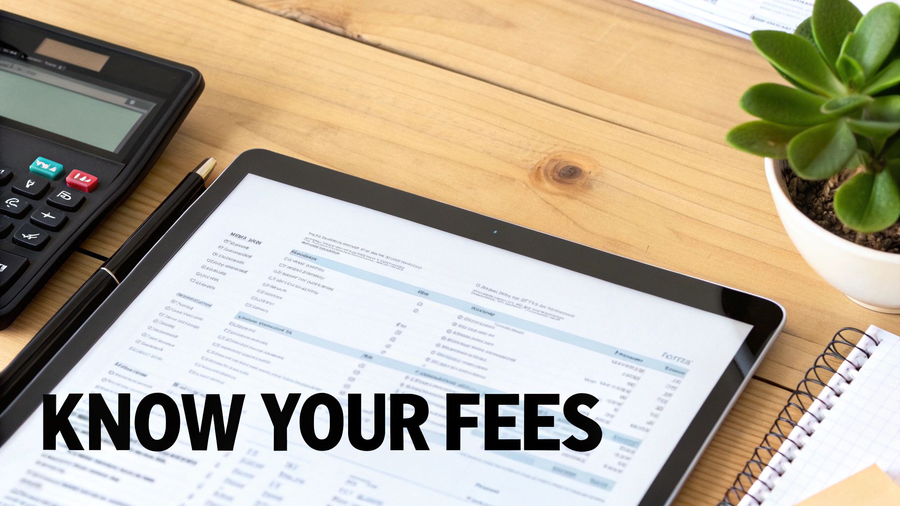 A wooden desk with a calculator, tablet, pen, and plant, highlighting 'KNOW YOUR FEES' for financial management.
