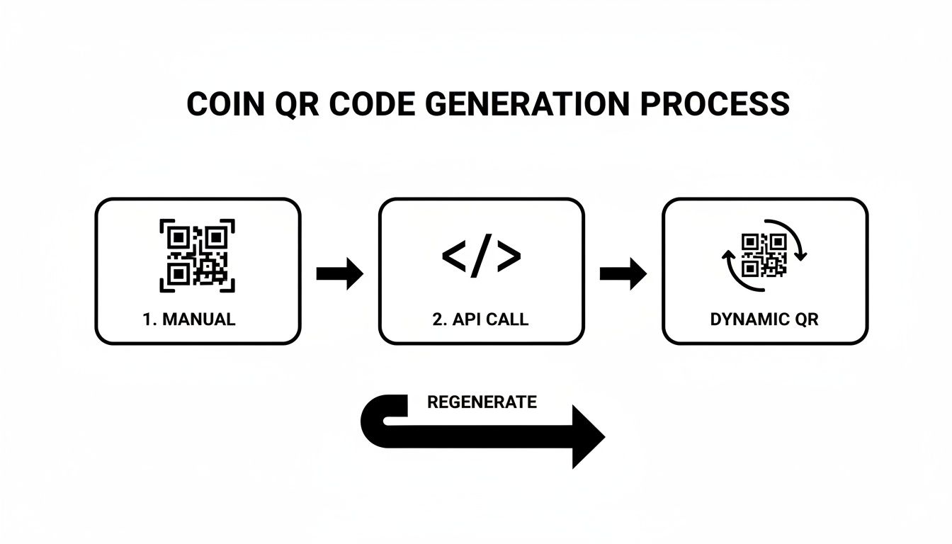 Flowchart illustrating the coin QR code generation process, including manual, API call, and dynamic QR steps with regeneration.