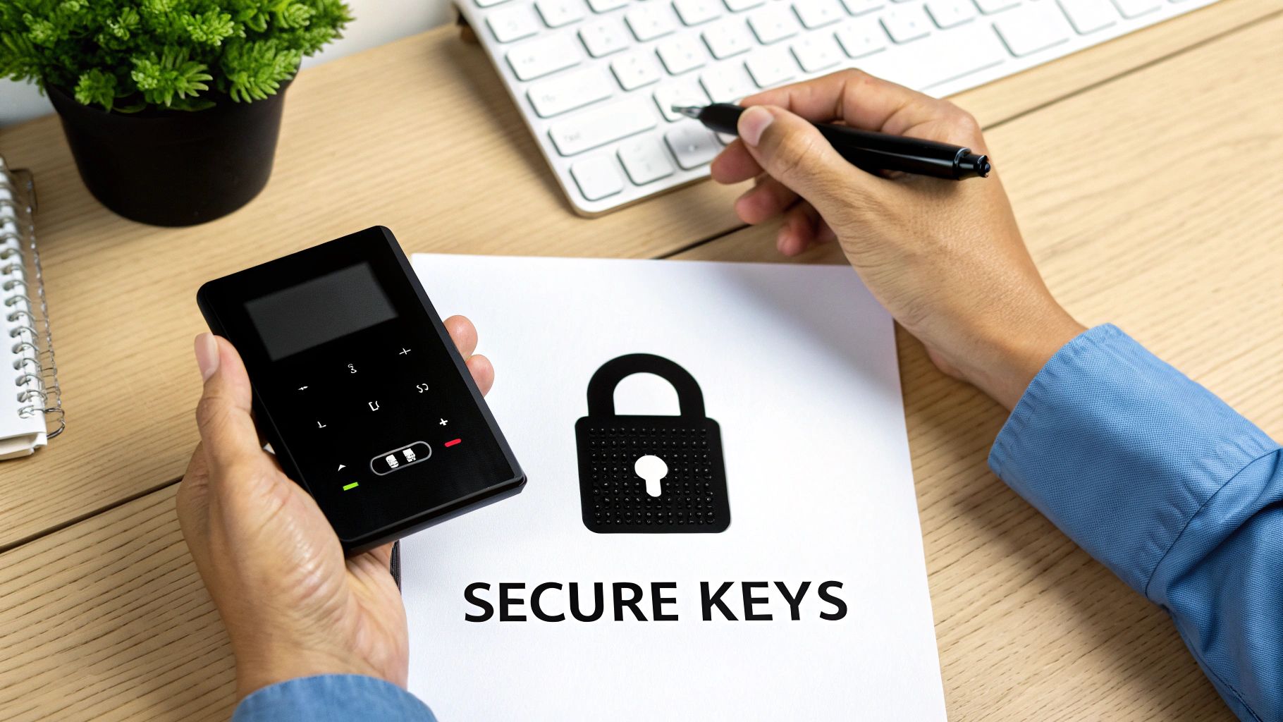 Hands hold a black security token and a pen, pointing to paper with 'SECURE KEYS' and a padlock icon.