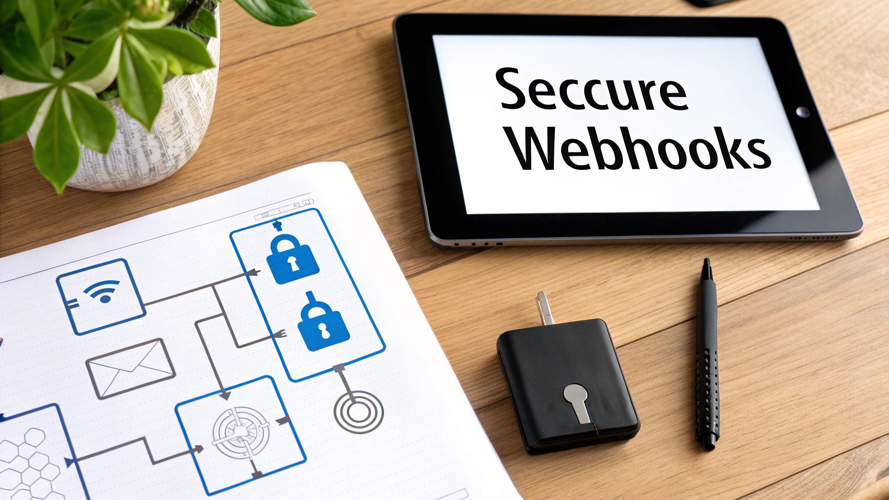 A tablet displaying 'Secure Webhooks' on a wooden desk with a security key and a diagram.