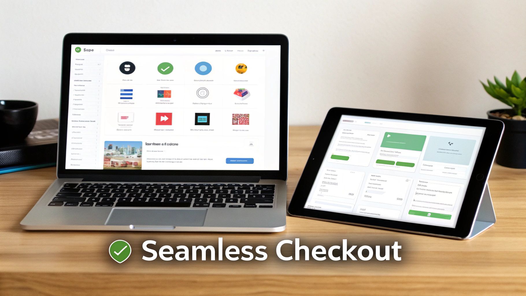 Laptop and tablet displaying a payment gateway dashboard, emphasizing a seamless checkout experience.