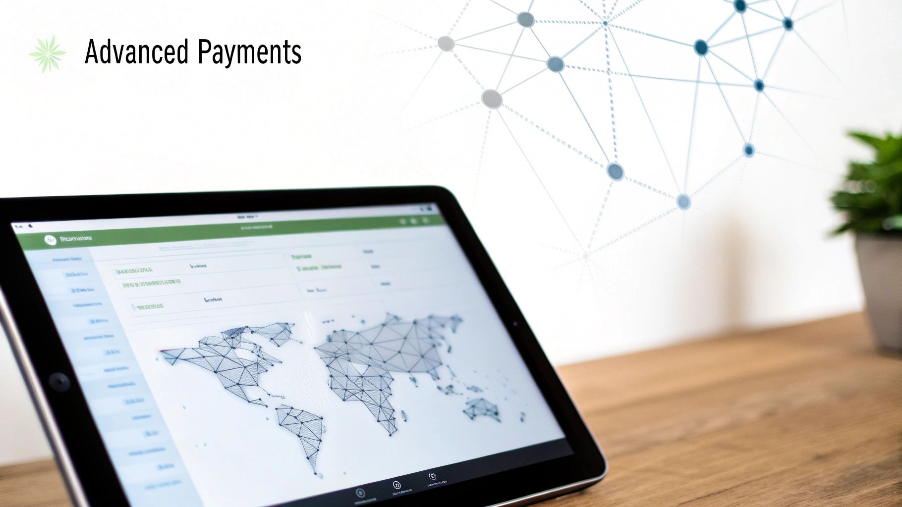 A tablet displays a world map with a connected network, illustrating advanced global payment solutions.