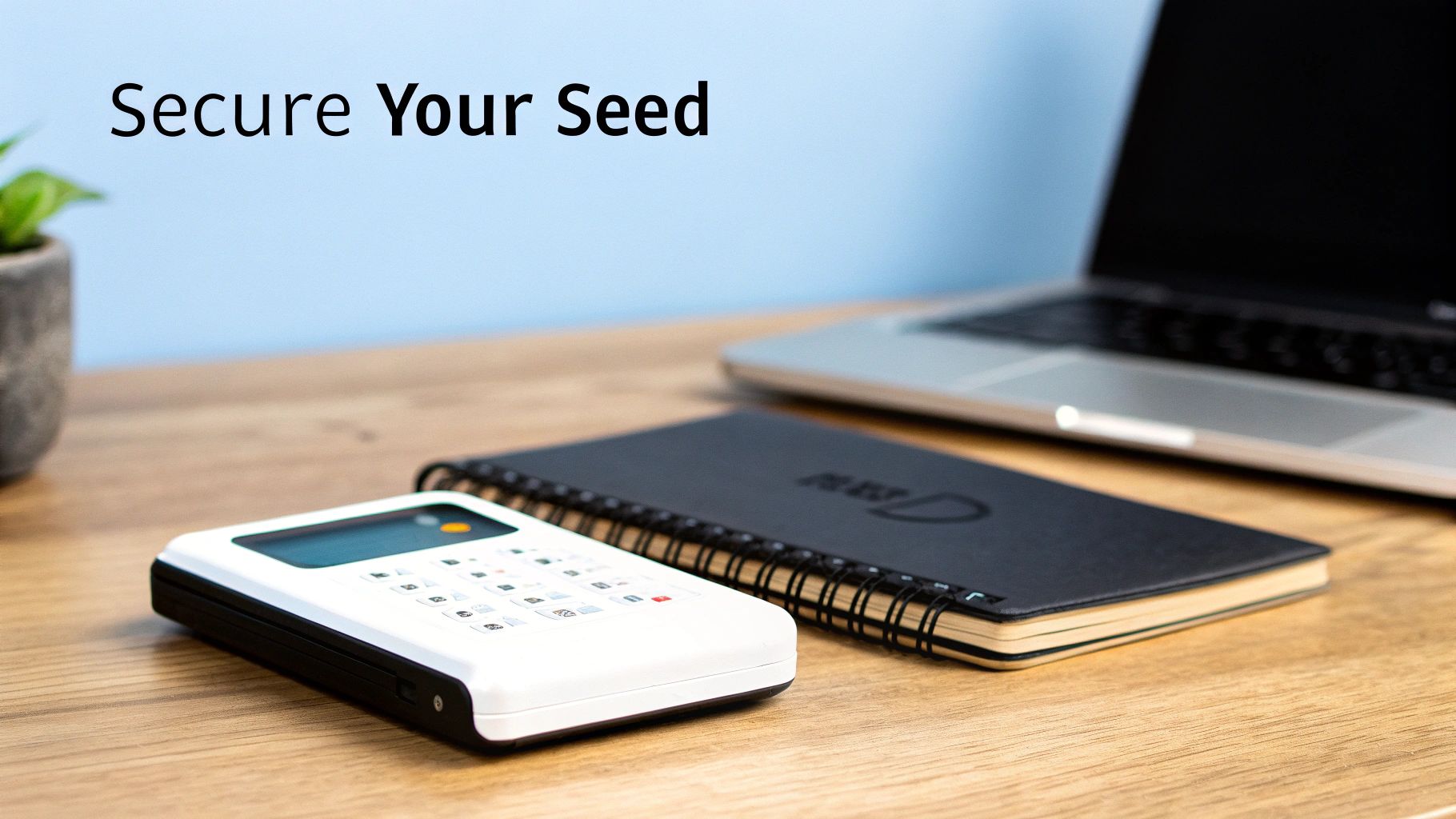 Hardware cryptocurrency wallet device on wooden desk next to spiral notebook and laptop computer