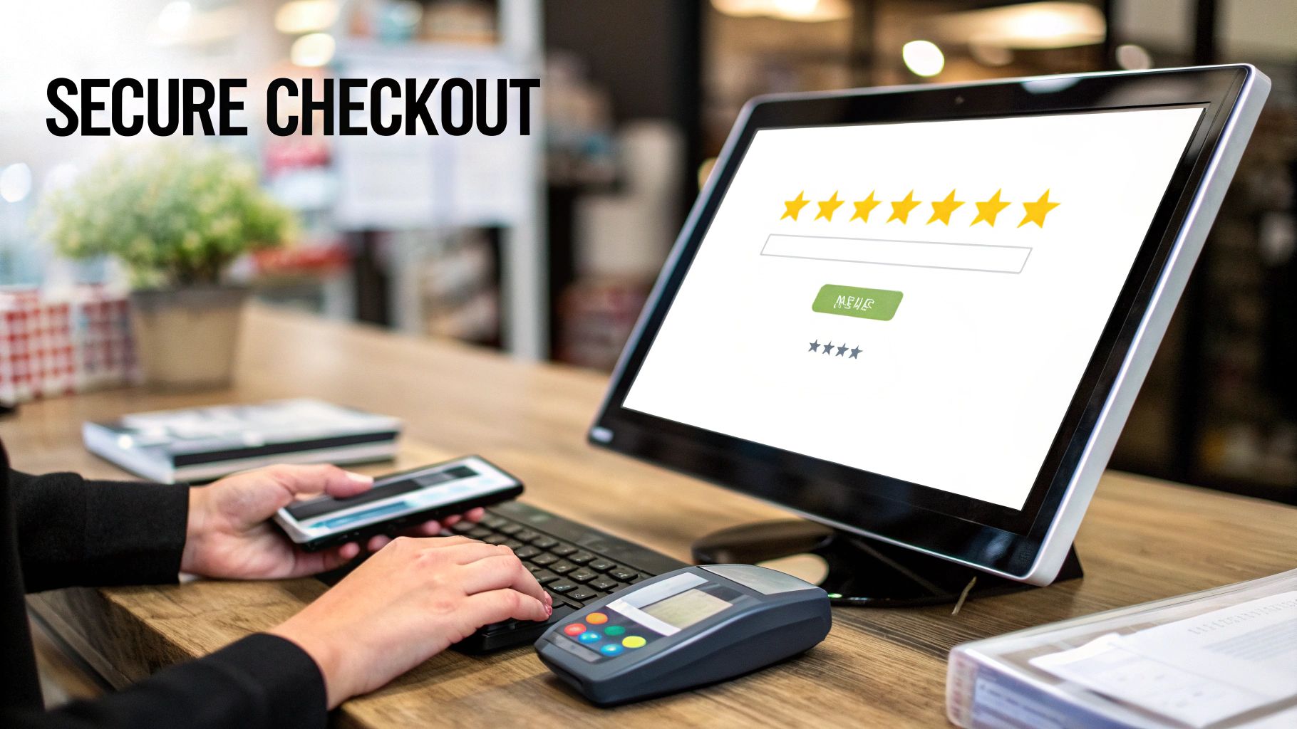 Person completing secure checkout transaction using card reader and touchscreen display with star rating