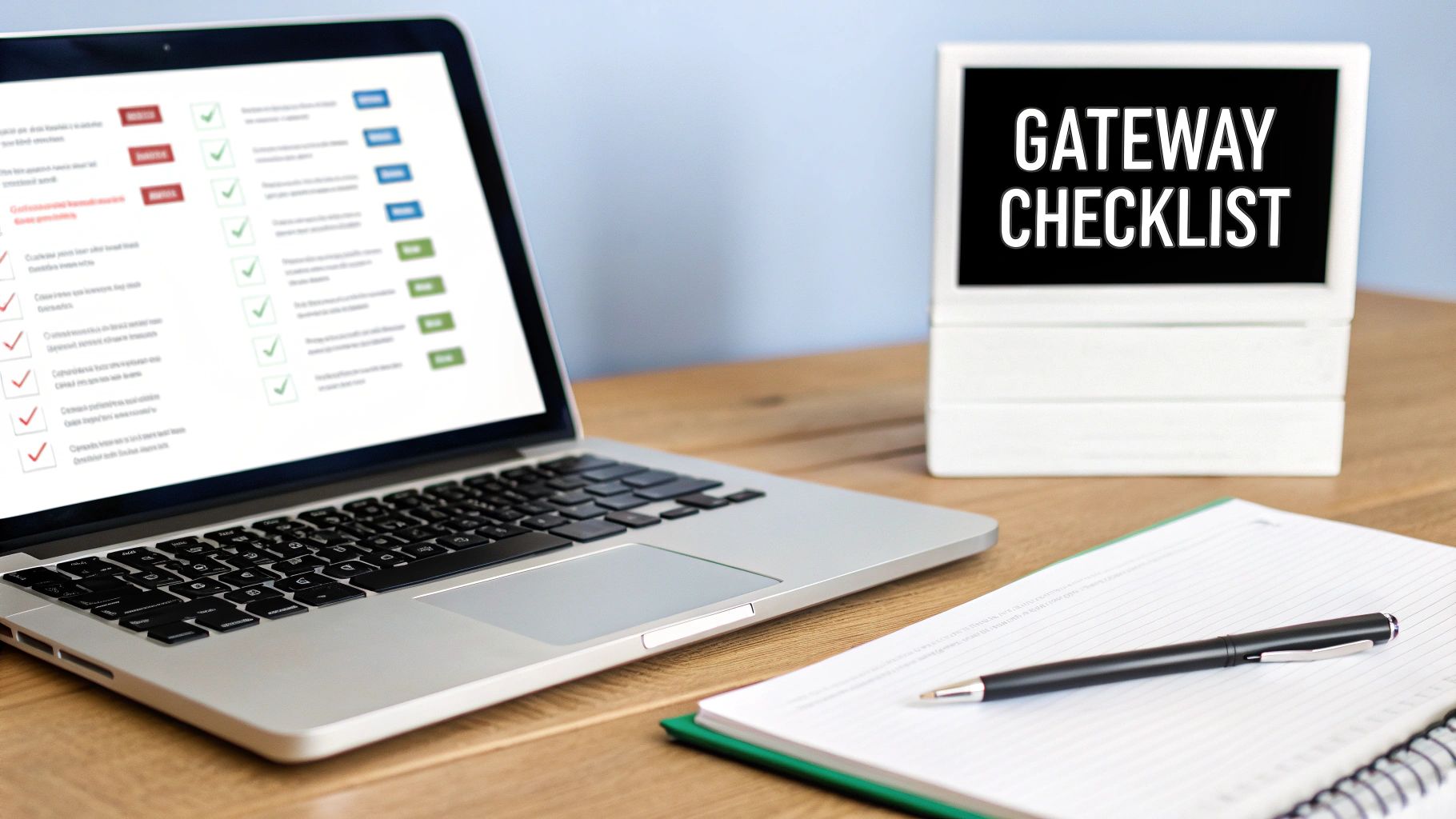 Laptop displays a digital checklist, next to a screen showing 'GATEWAY CHECKLIST', with a notebook and pen.