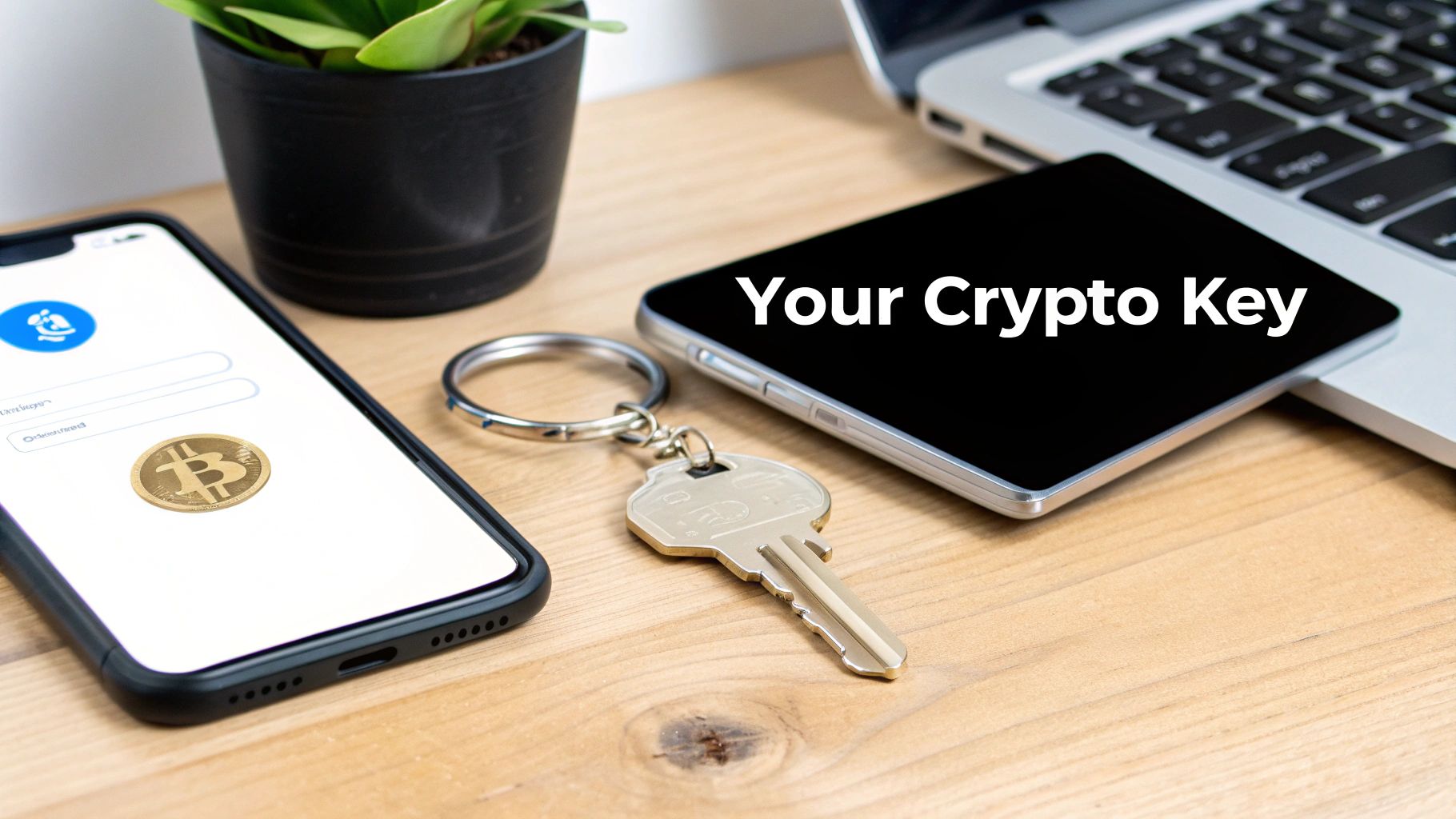 A person using a mobile crypto wallet app on their phone, with digital currency icons floating around.