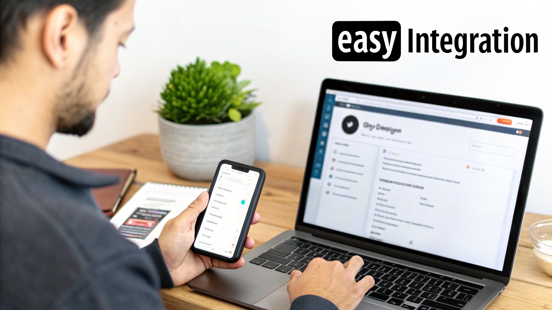 A person works at a desk using a laptop and smartphone, illustrating easy digital integration.