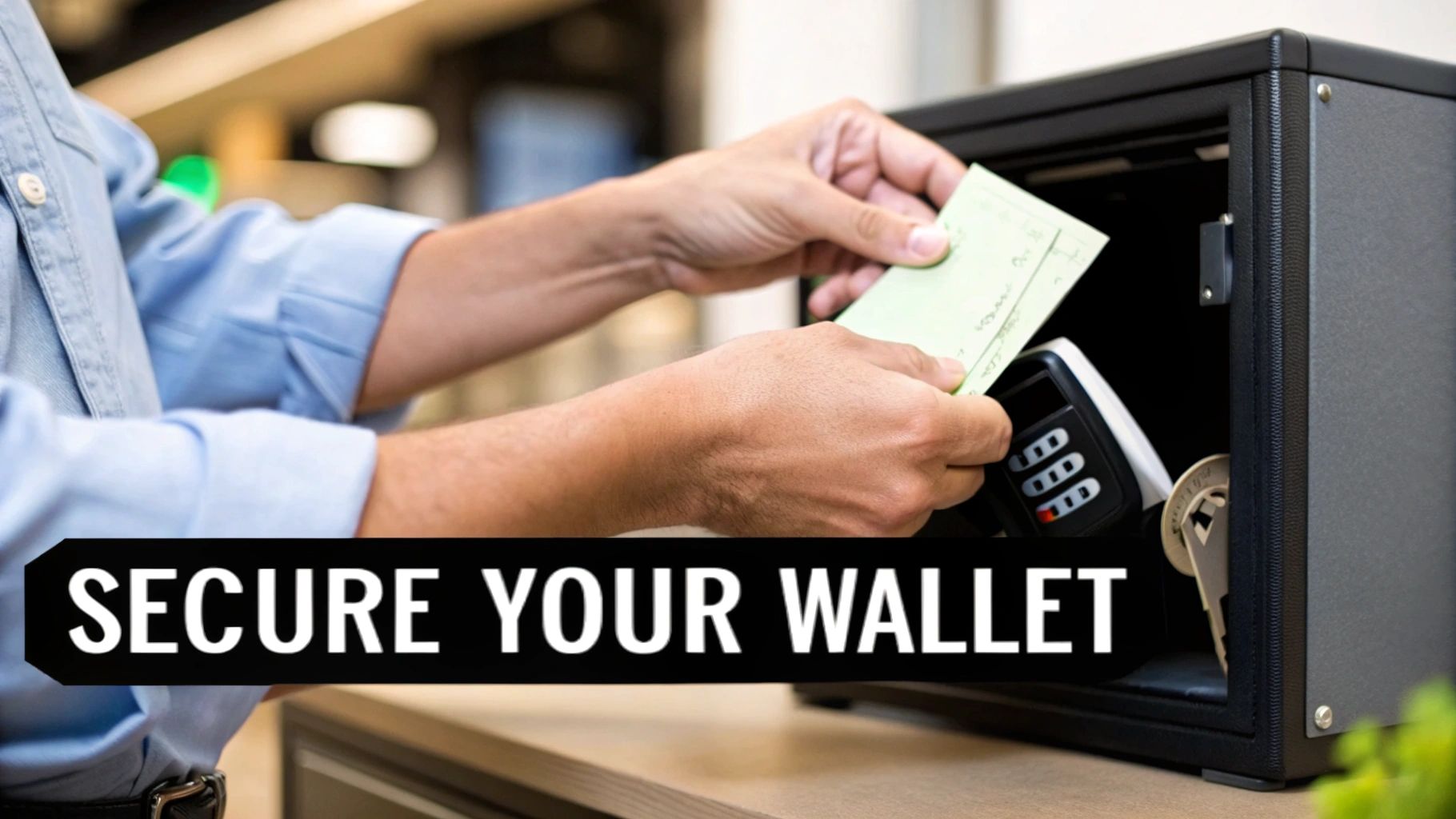 A person places a green document into a small black safe, promoting wallet security.