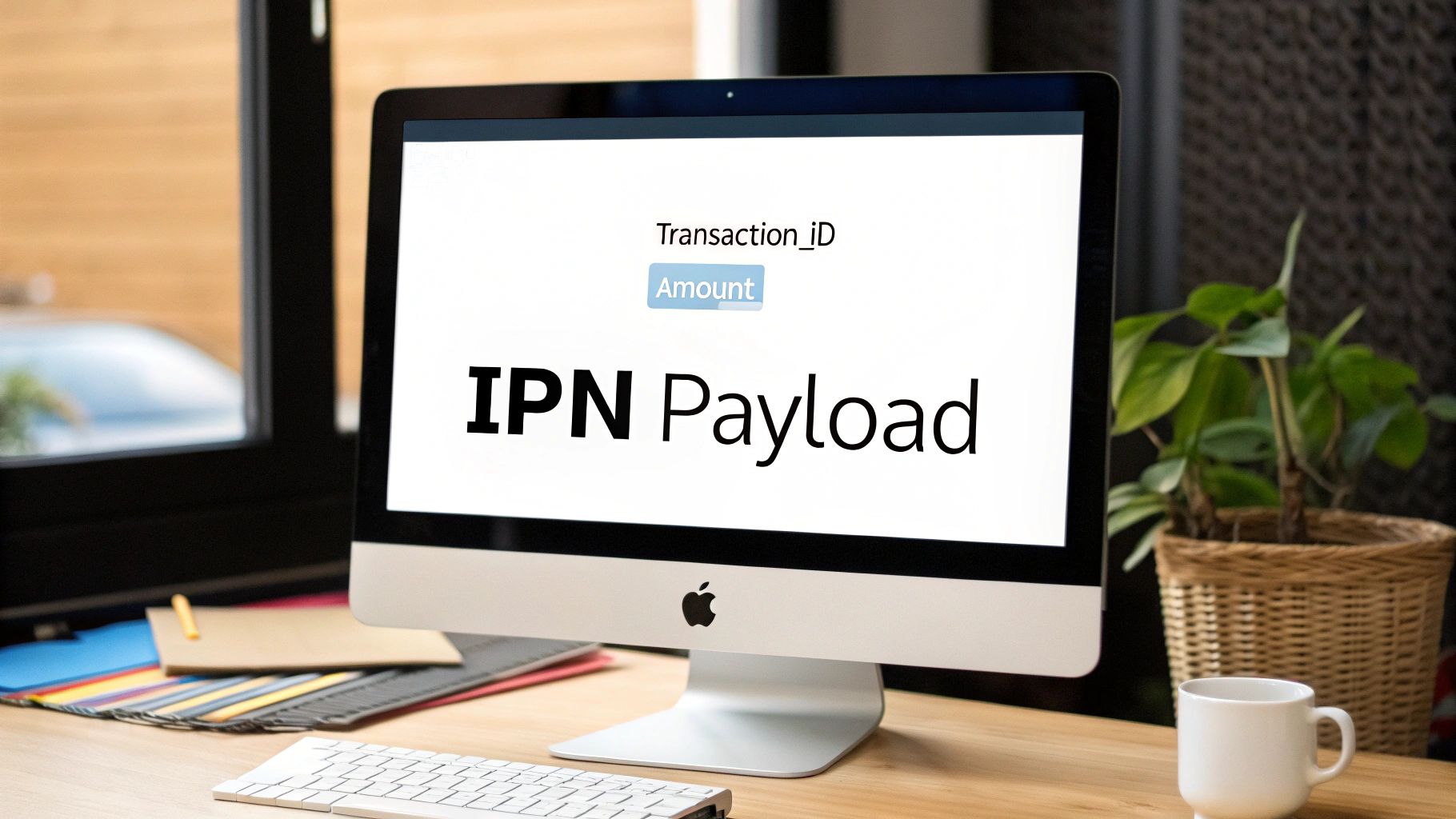 Computer display showing IPN payload with transaction ID and amount fields on office desk