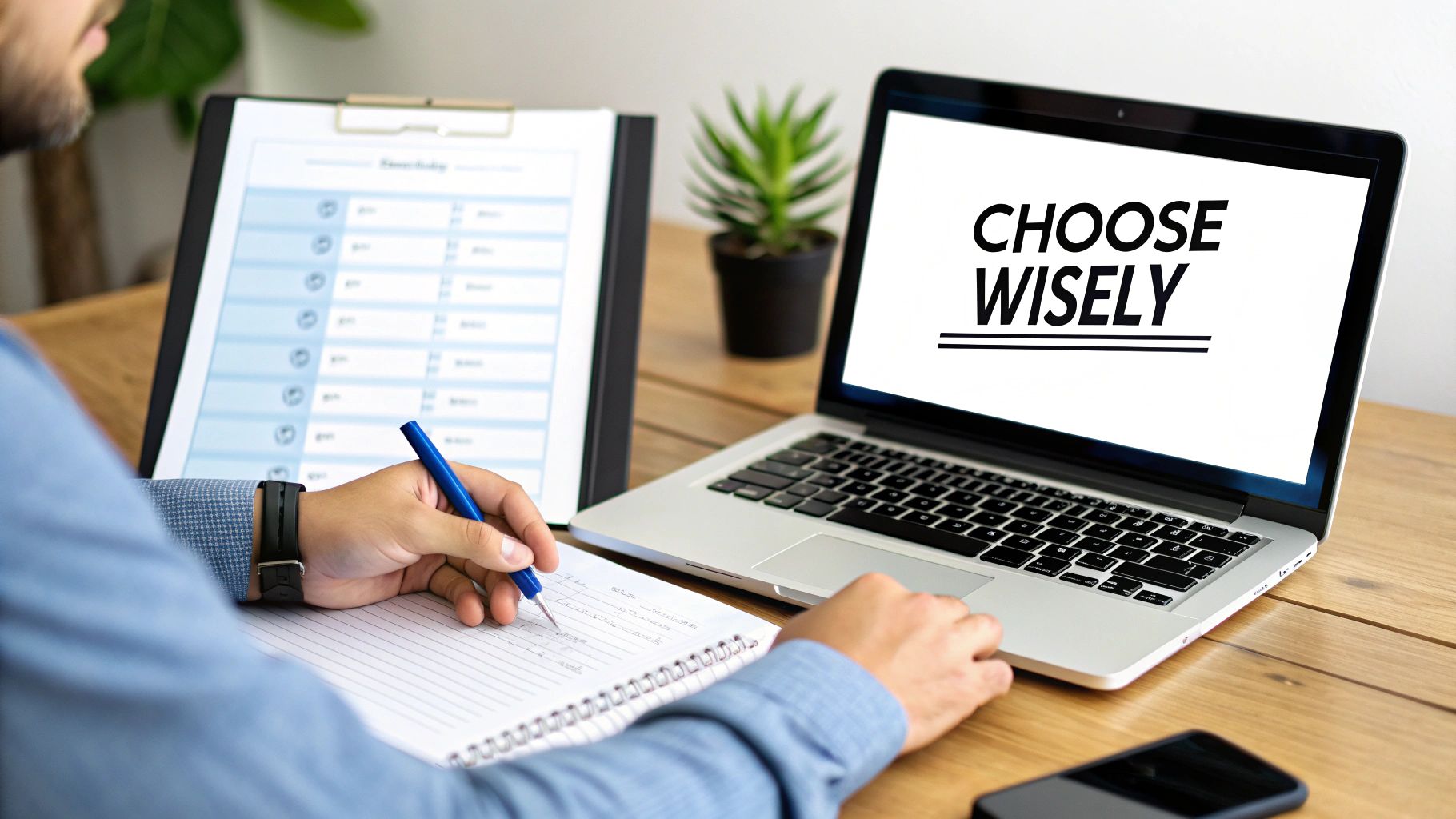 A person is writing in a notebook at a desk with a laptop displaying the text 'CHOOSE WISELY'.