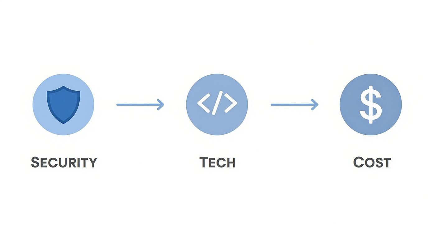 A visual representation showing a flow from security (shield icon) to technology (code icon) to cost (dollar sign).