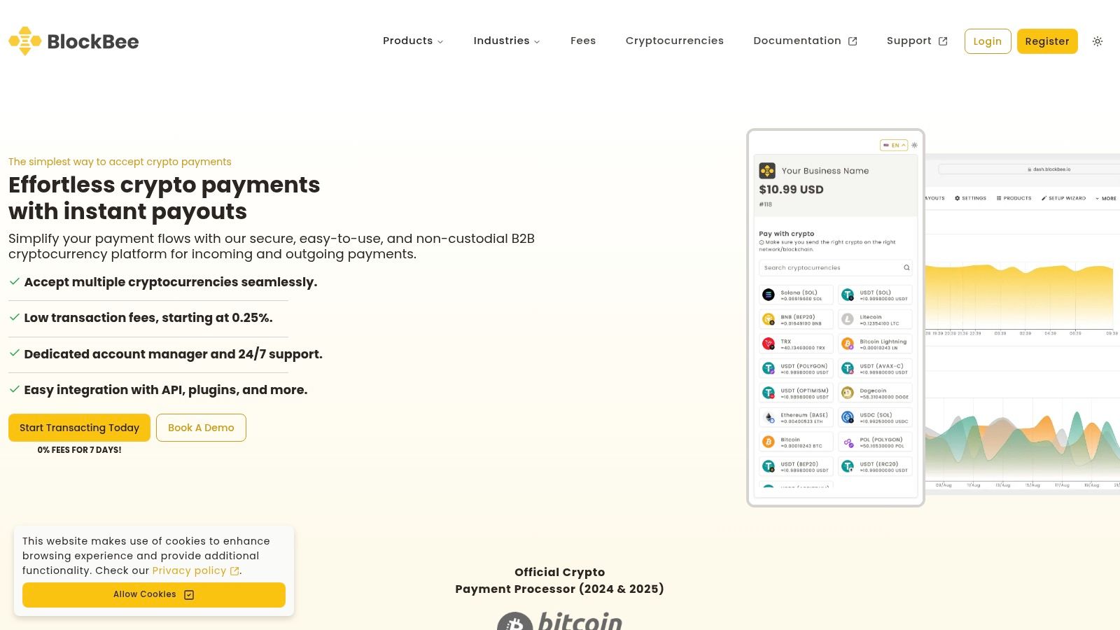 BlockBee Dashboard showing transaction details and wallet balances