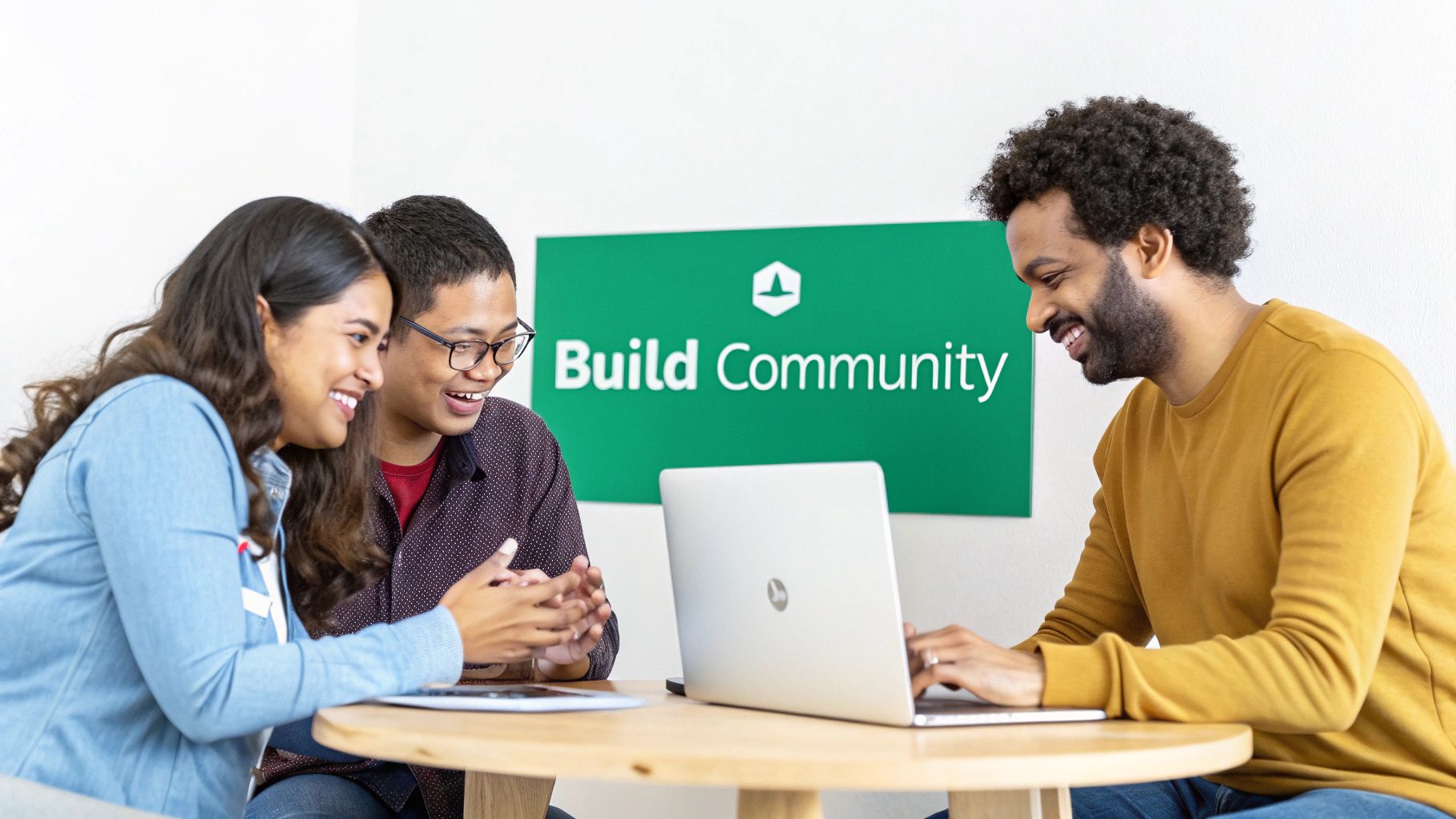 Three diverse young professionals smiling and collaborating around a laptop at a table, with a 'Build Community' sign.