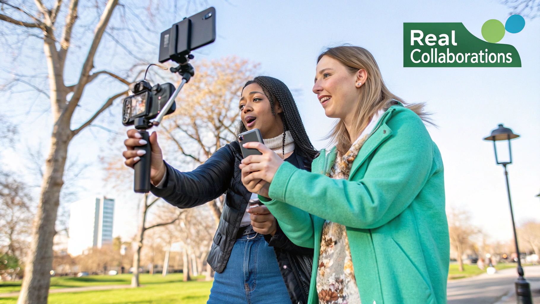 Two people collaborating on an Instagram Reel, one holding a phone and the other a product, with a ring light in the background.