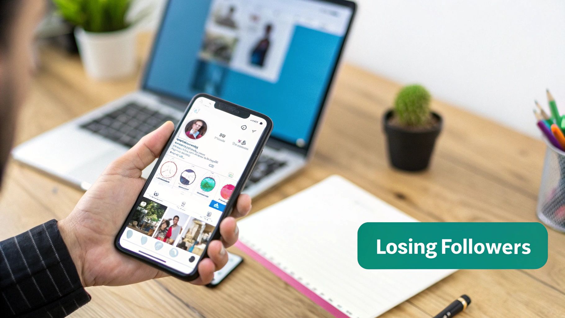 Person holding a smartphone displaying a social media profile, with a laptop and 'Losing Followers' text.