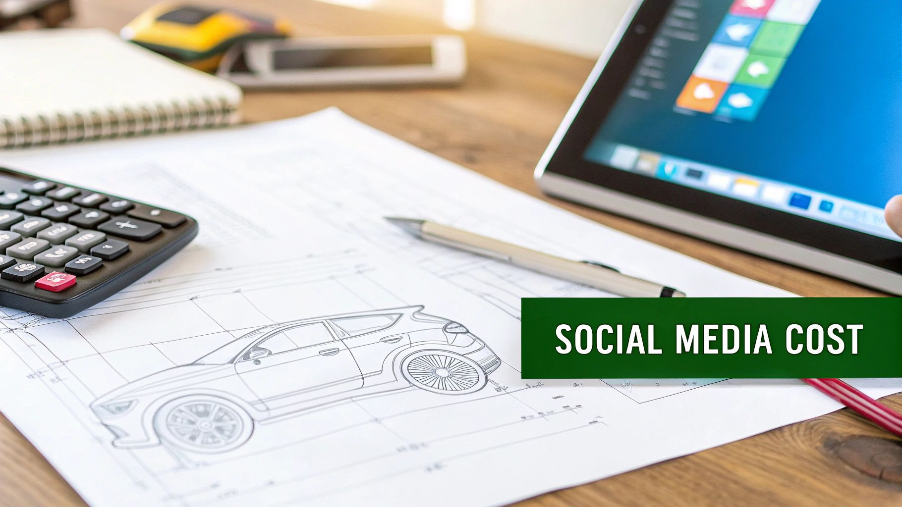Desk with calculator, car blueprint, tablet, and a prominent green banner reading 'SOCIAL MEDIA COST'.