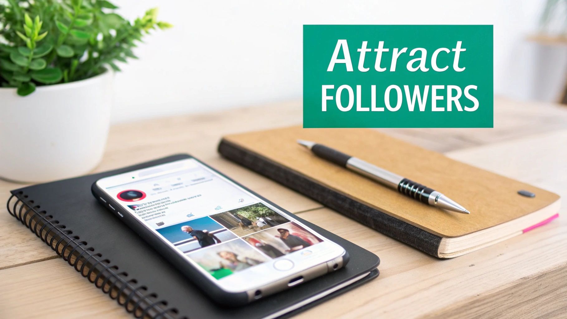 A smartphone on a black notebook displays a social media feed, with a pen, plant, and 'Attract FOLLOWERS' text.