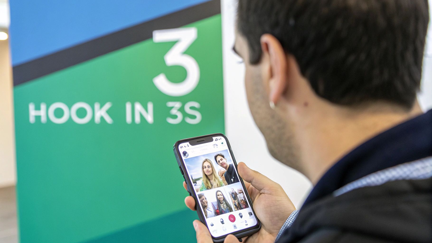 A person holding a phone and watching an engaging Instagram story with colorful graphics and text overlays.