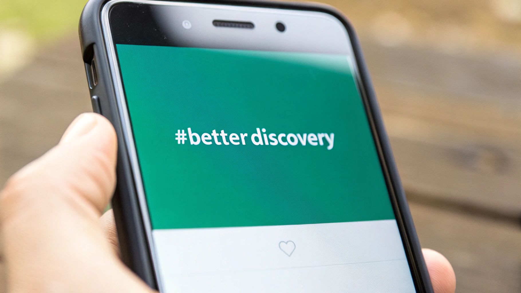 Person holding smartphone displaying Better Discovery hashtag on teal gradient screen for social media growth