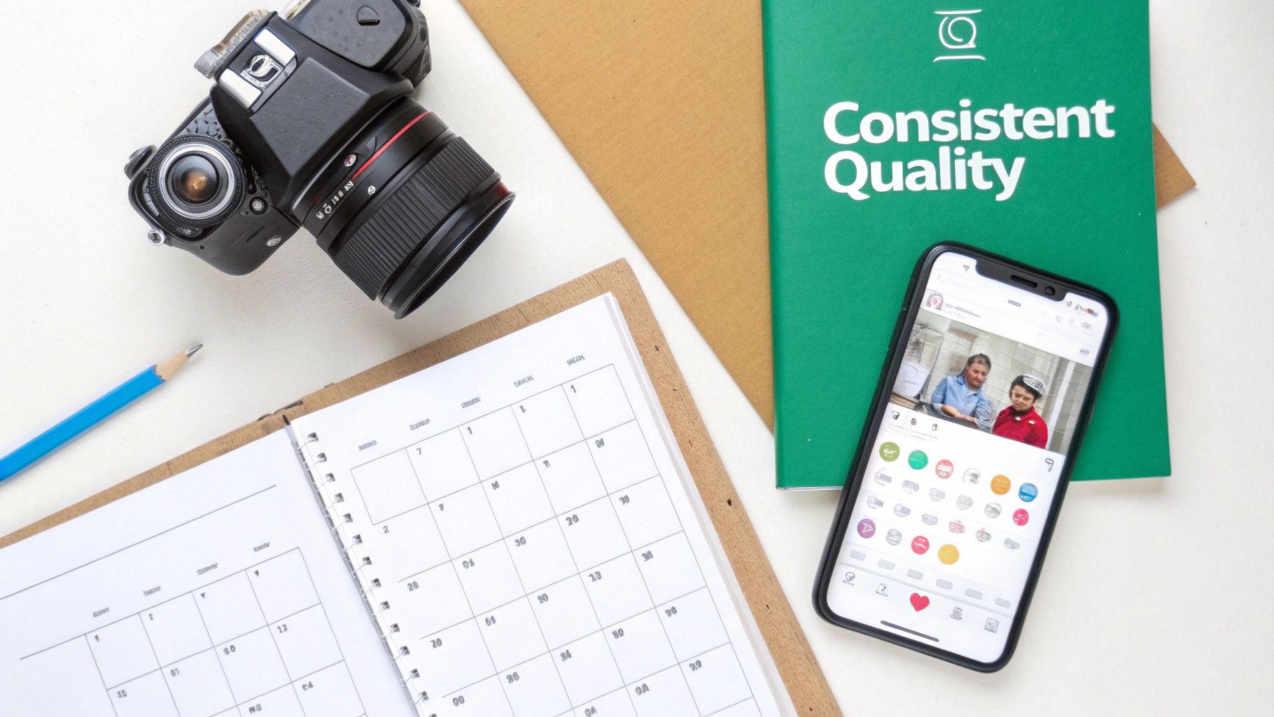 Overhead view of a camera, a planner, a phone displaying social media, and a 'Consistent Quality' notebook.
