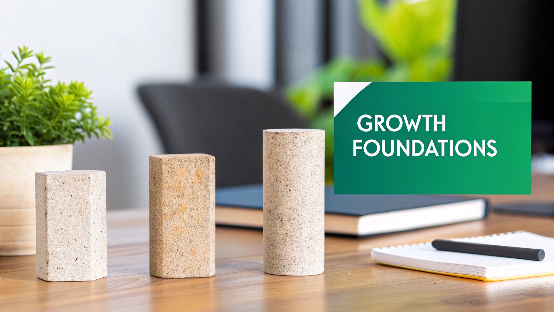 Three decorative stone shapes and a plant on a wooden desk, with a 'GROWTH FOUNDATIONS' overlay.