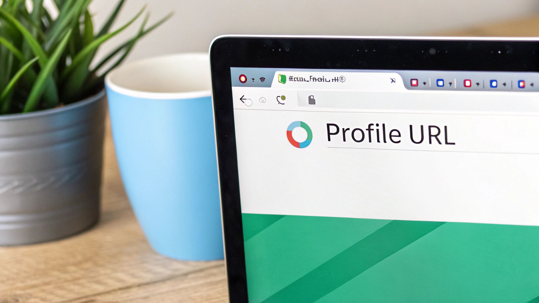 A laptop screen displays a web browser showing 'Profile URL' text, with a green plant and a light blue mug in the background.
