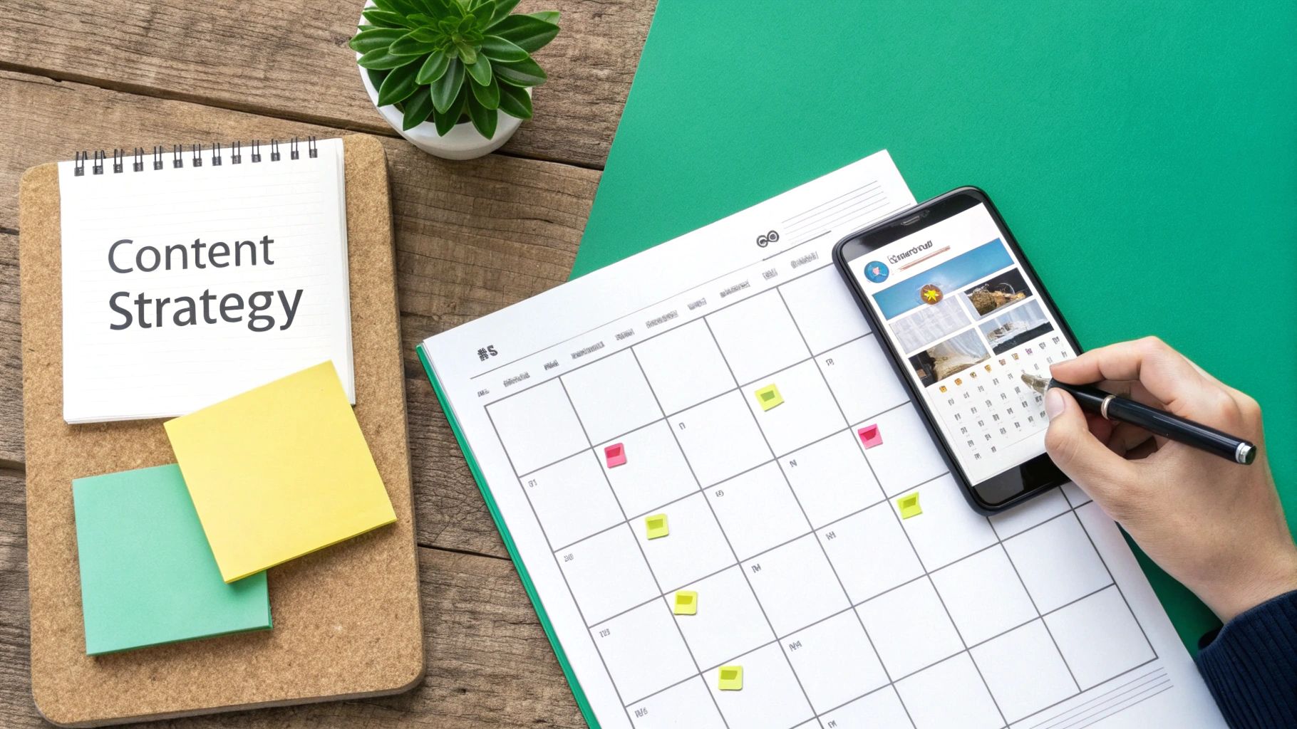 Content strategy planning desk with a notebook, calendar, sticky notes, and a hand using a smartphone.