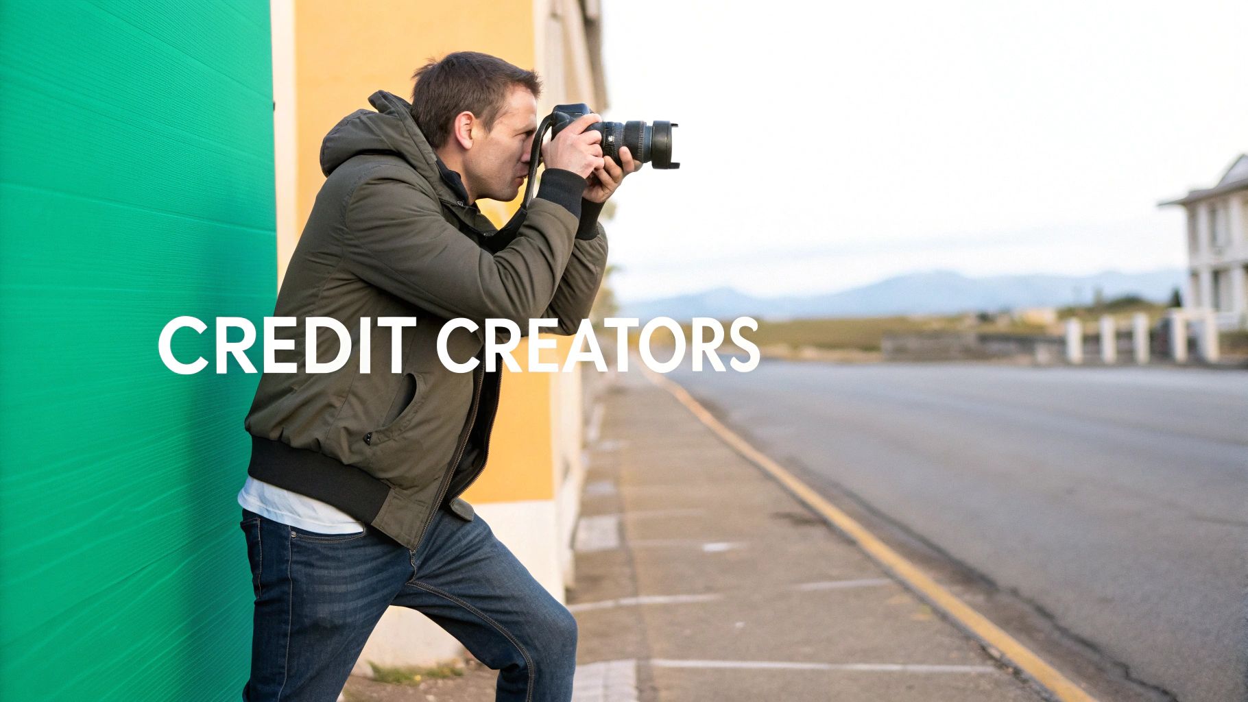 A man in a jacket and jeans photographs with a DSLR camera next to a green wall, with a road and mountains in the background.
