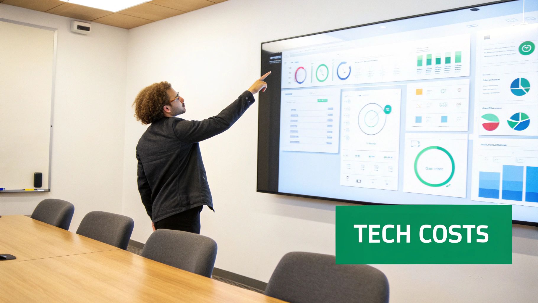 A man with curly hair points at a large screen displaying various business data dashboards in a meeting room.