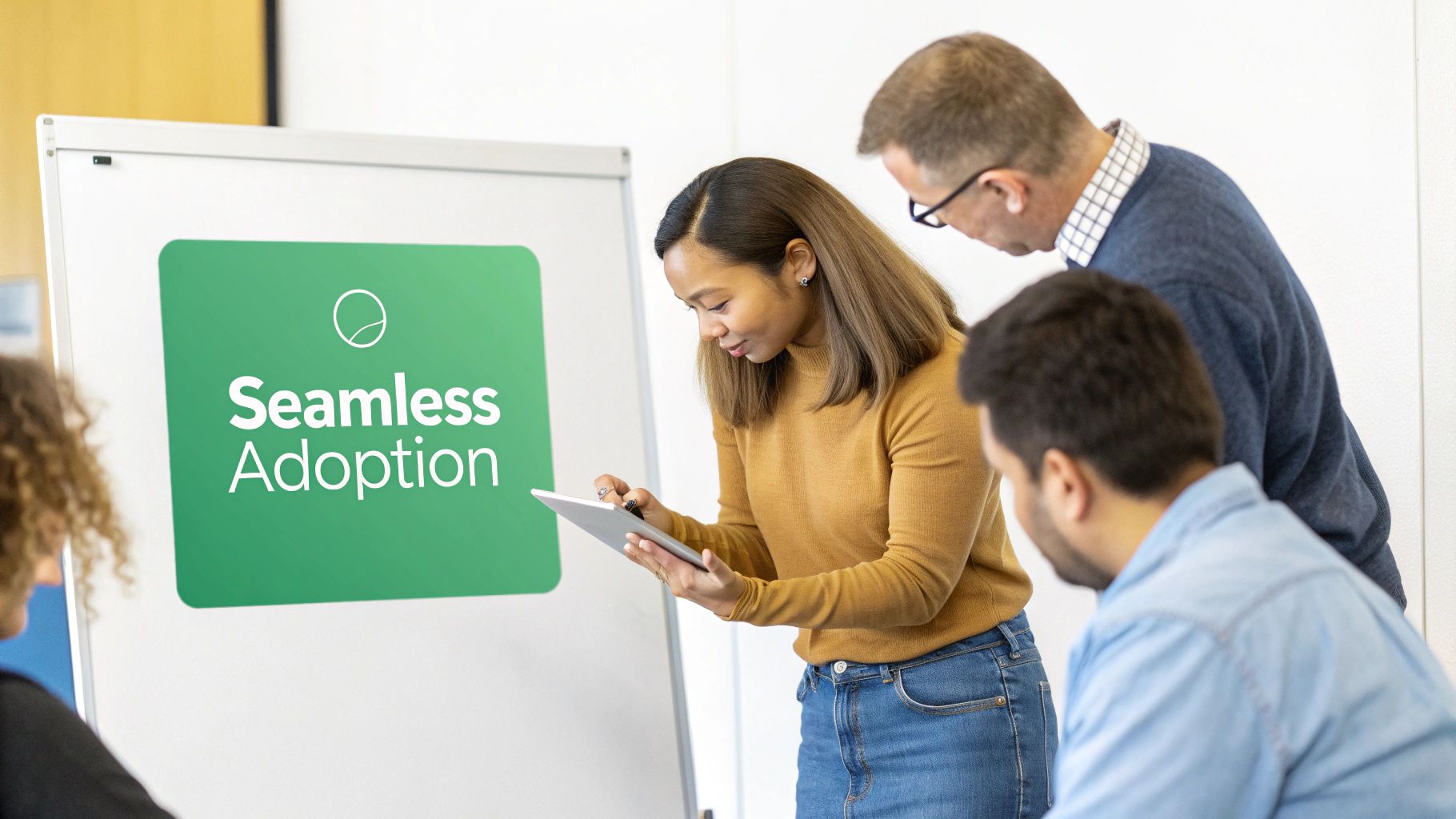 A diverse group of colleagues collaborate, looking at a tablet and a whiteboard displaying