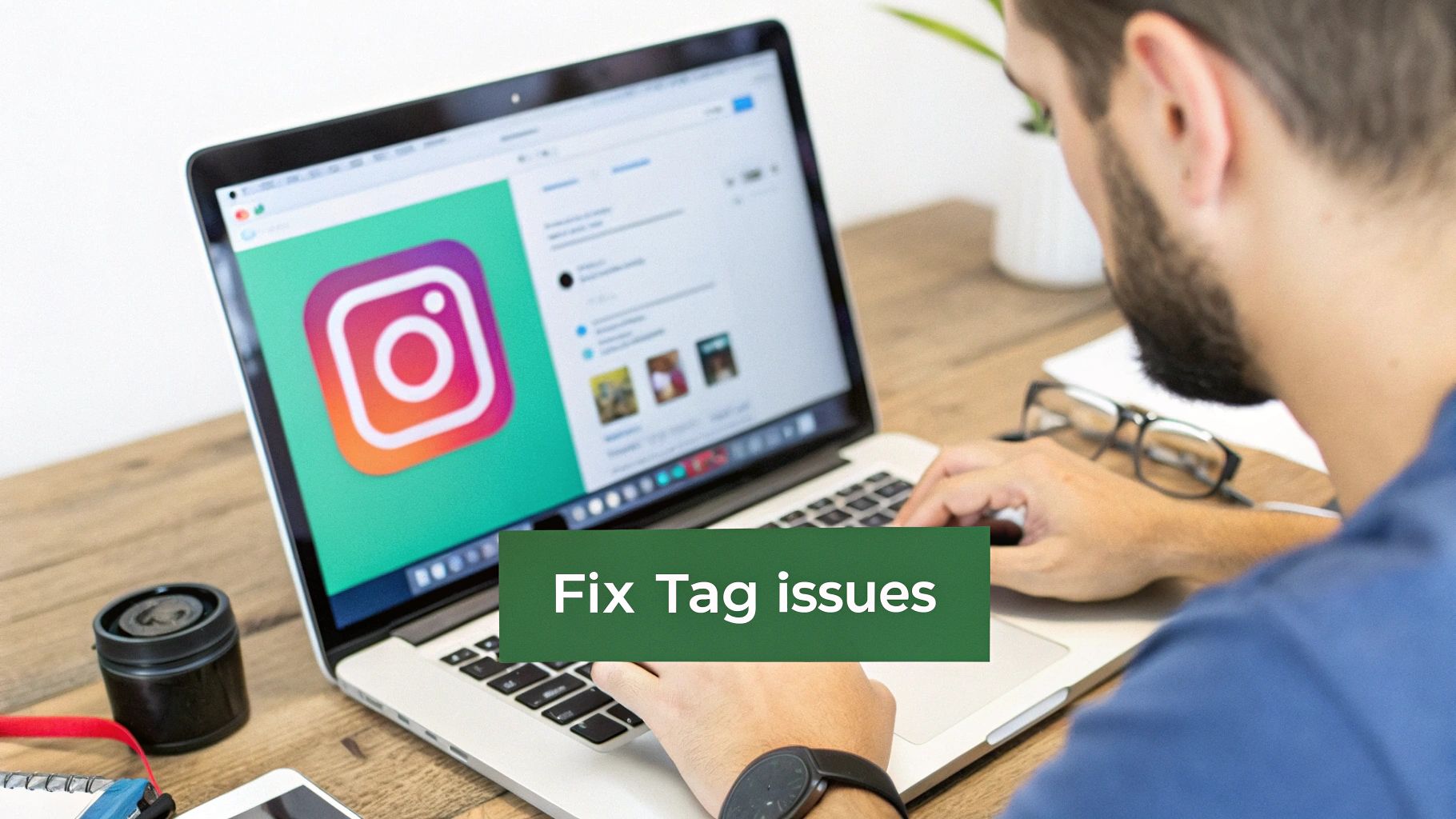 A person works on a laptop displaying the Instagram interface, with an overlay 