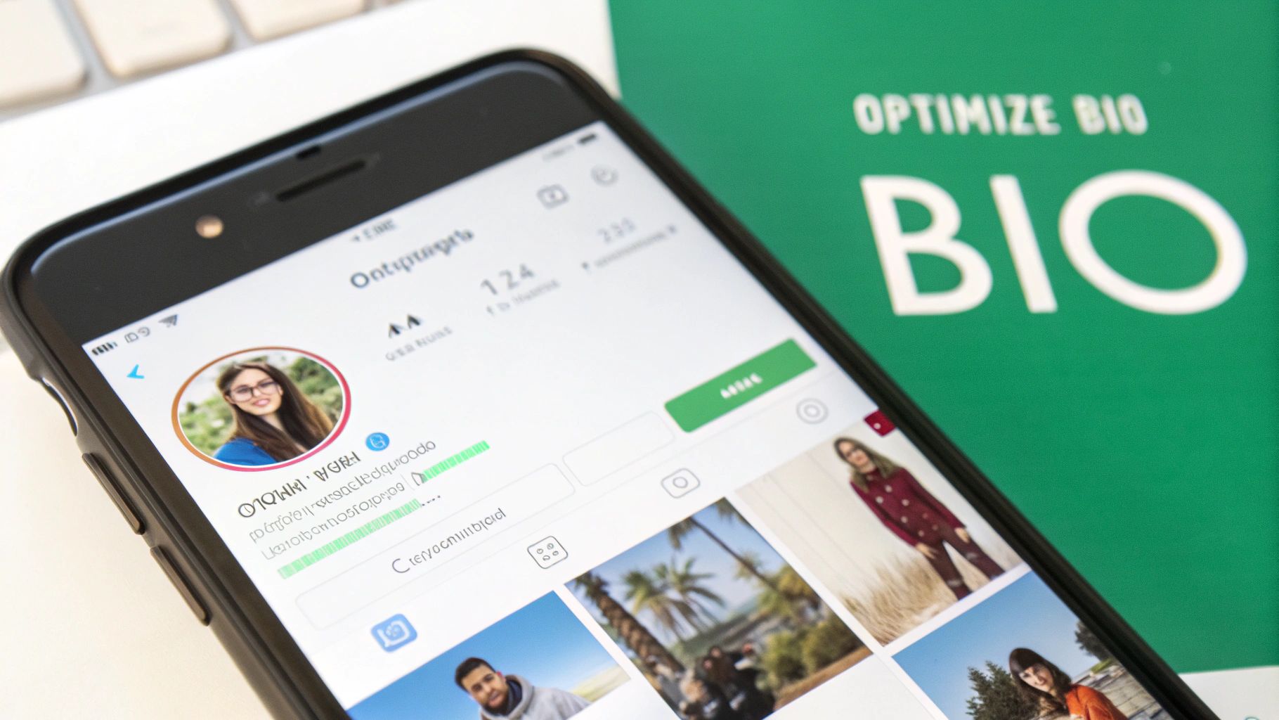 Close-up of a smartphone screen displaying an Instagram profile with a woman's photo and follower data.