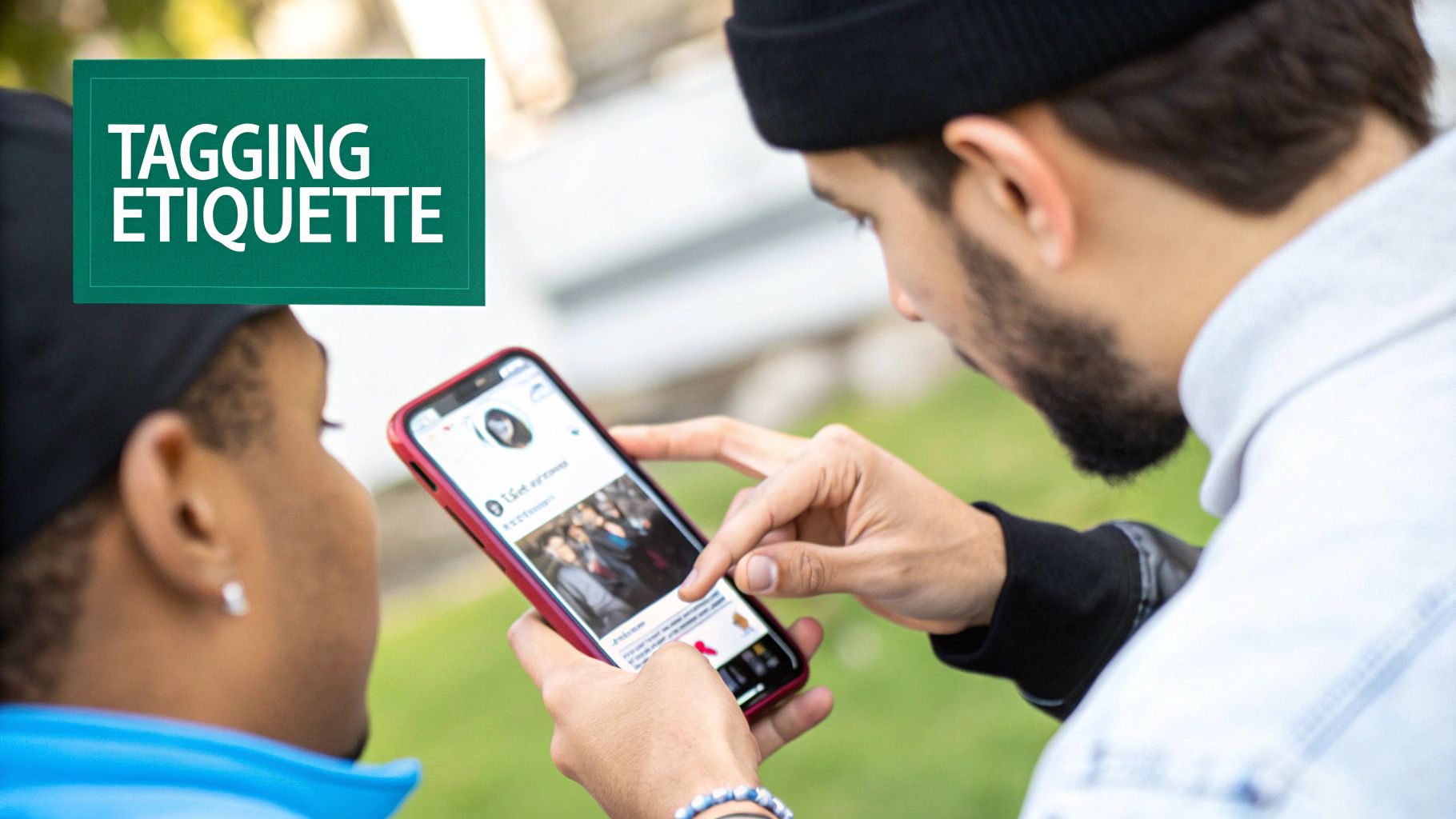 Two people looking at a smartphone, interacting with a social media app about tagging etiquette.