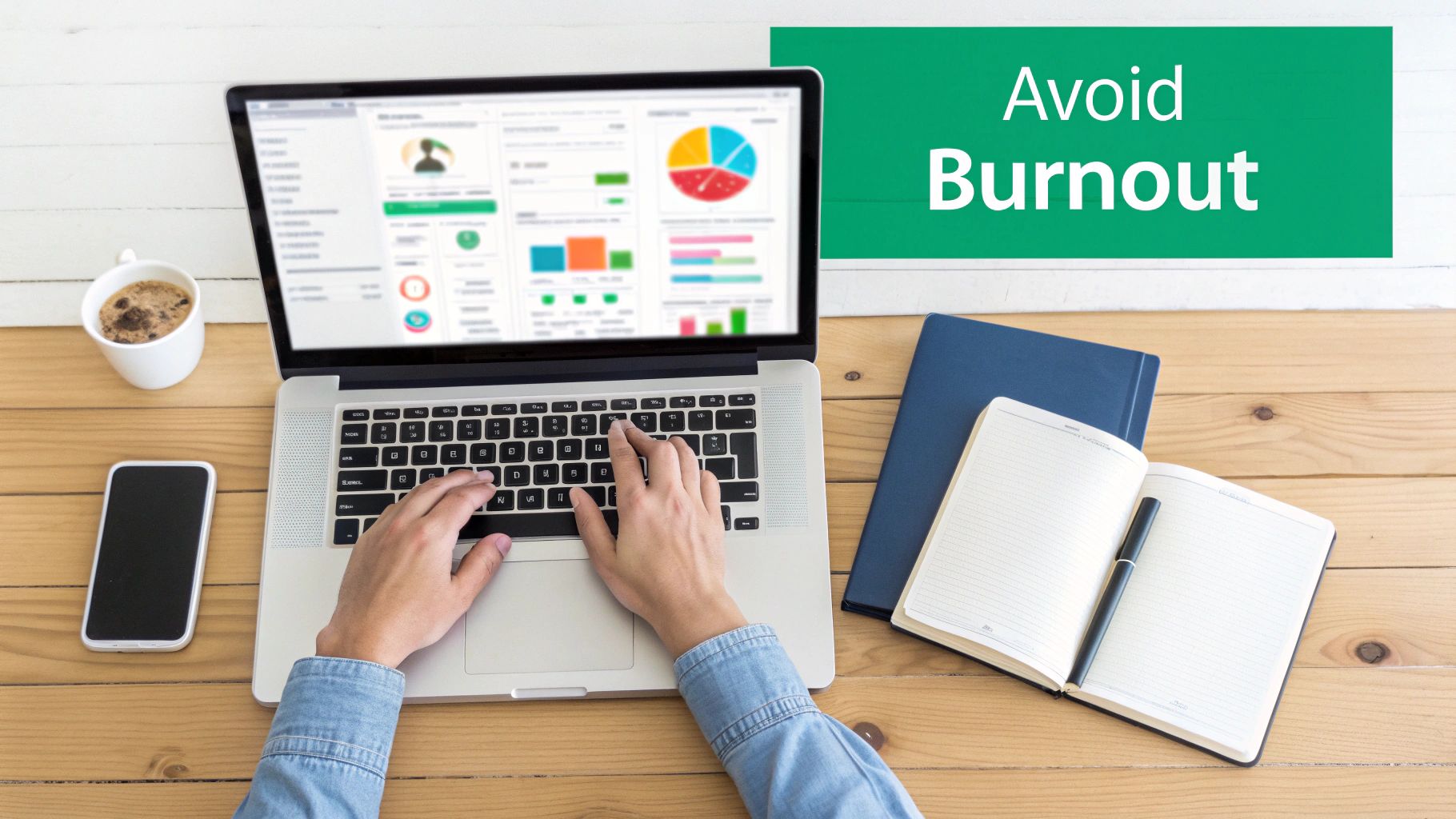 Overhead view of person typing on laptop with charts, coffee, and notebooks on a wooden desk. Text: Avoid Burnout.