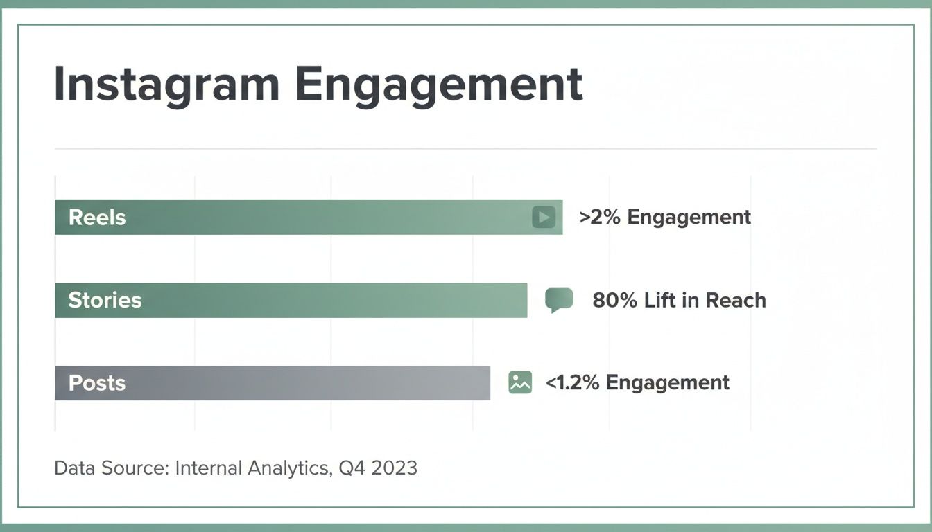 Bar chart displaying Instagram engagement metrics for Reels, Stories, and Posts from Q4 2023.