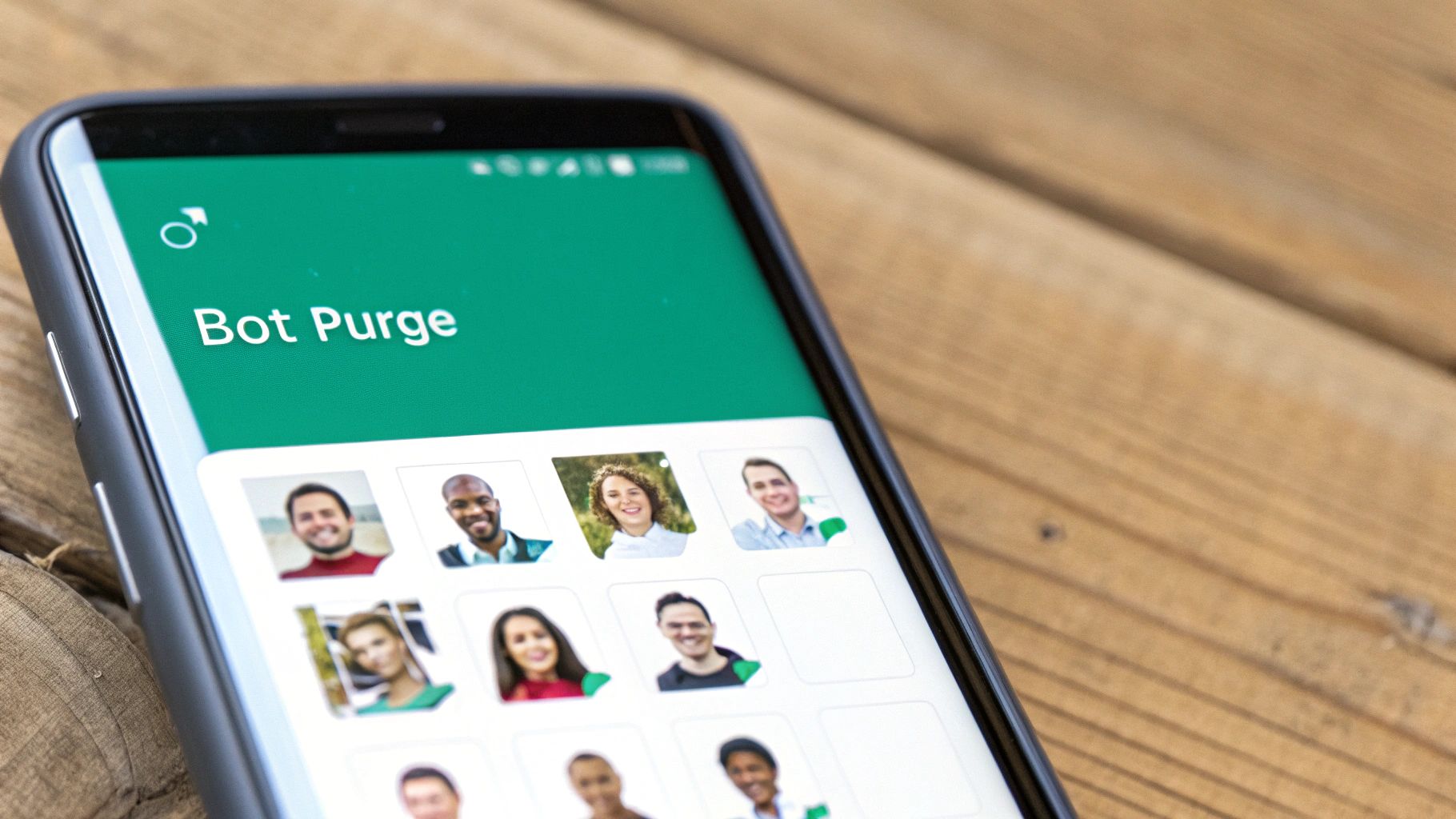 A smartphone displaying a 'Bot Purge' app with multiple profile pictures on a wooden surface.