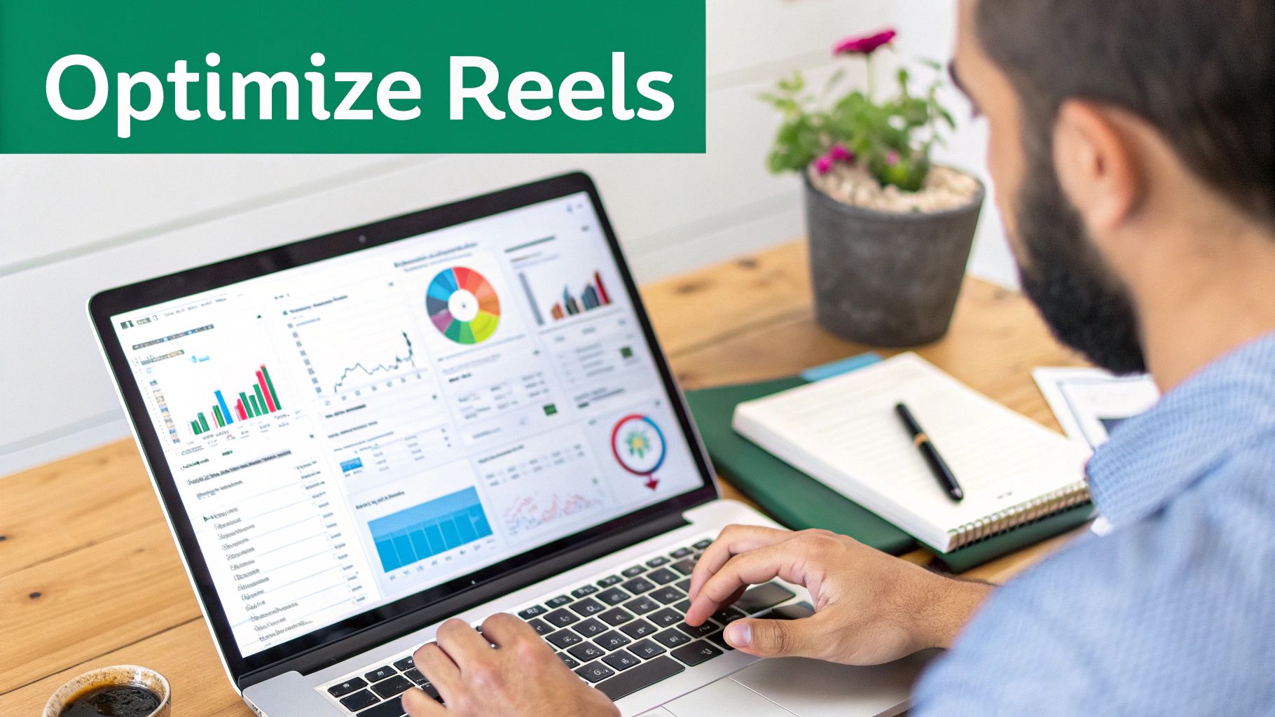 A man analyzes data on a laptop, with charts and graphs displayed for optimizing reels.