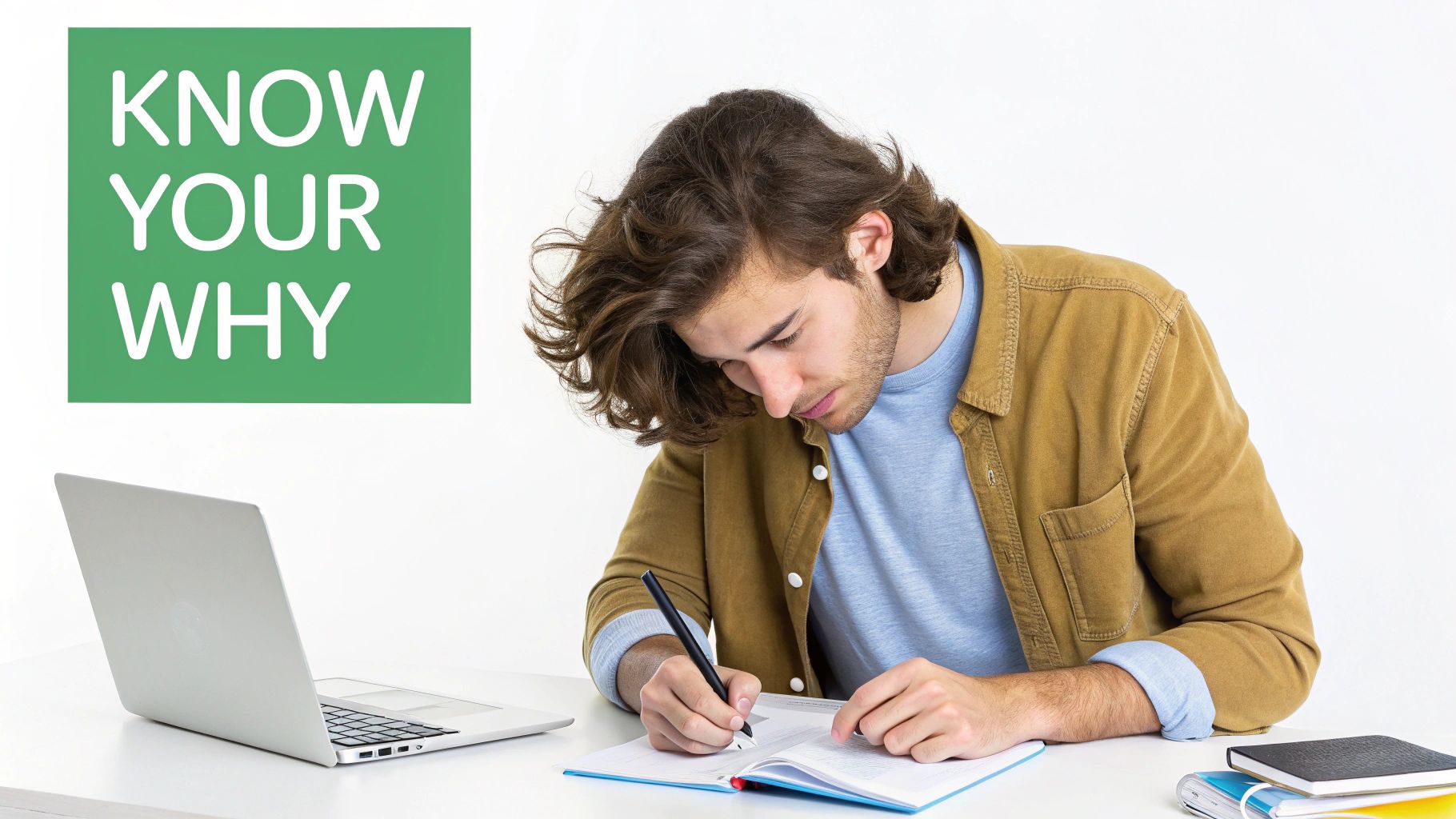 A young man with long, wavy hair intensely writing in a notebook at a desk with a laptop and a 