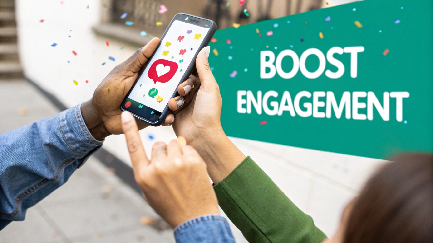 Two people interact with a smartphone showing social media reactions and falling confetti, with a 'BOOST ENGAGEMENT' banner.