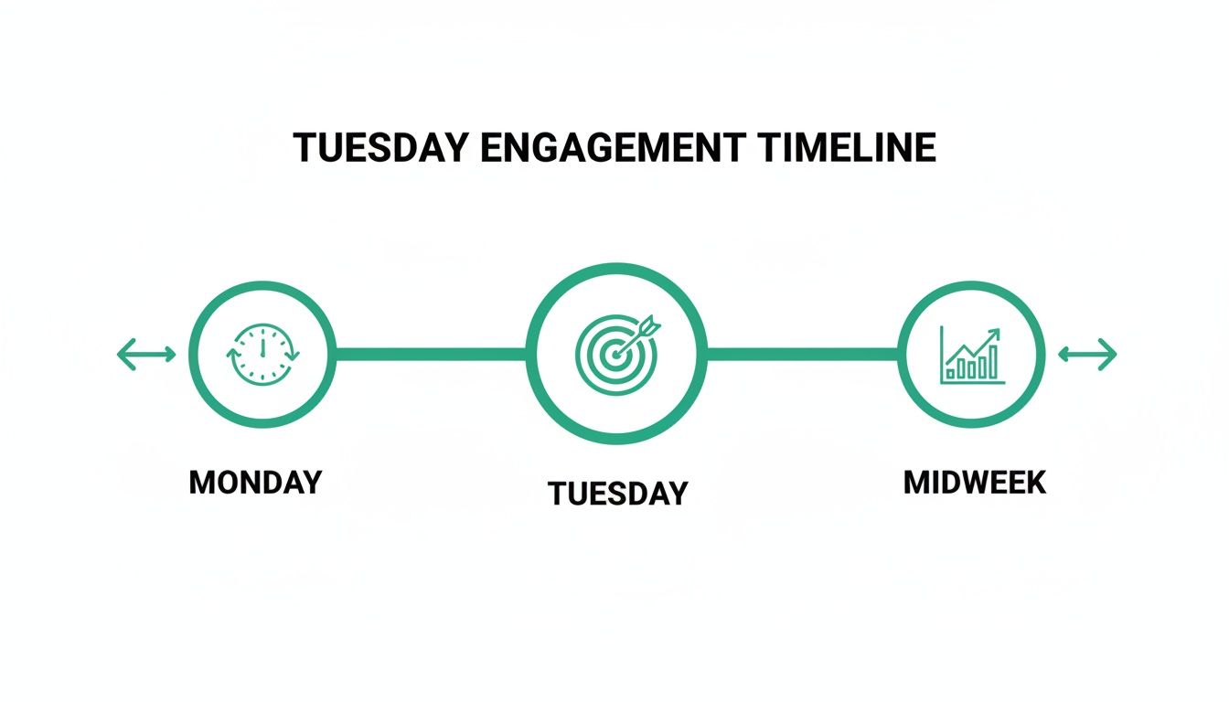 A timeline visually representing Tuesday engagement, showing phases from Monday (clock) to Midweek (growth chart).