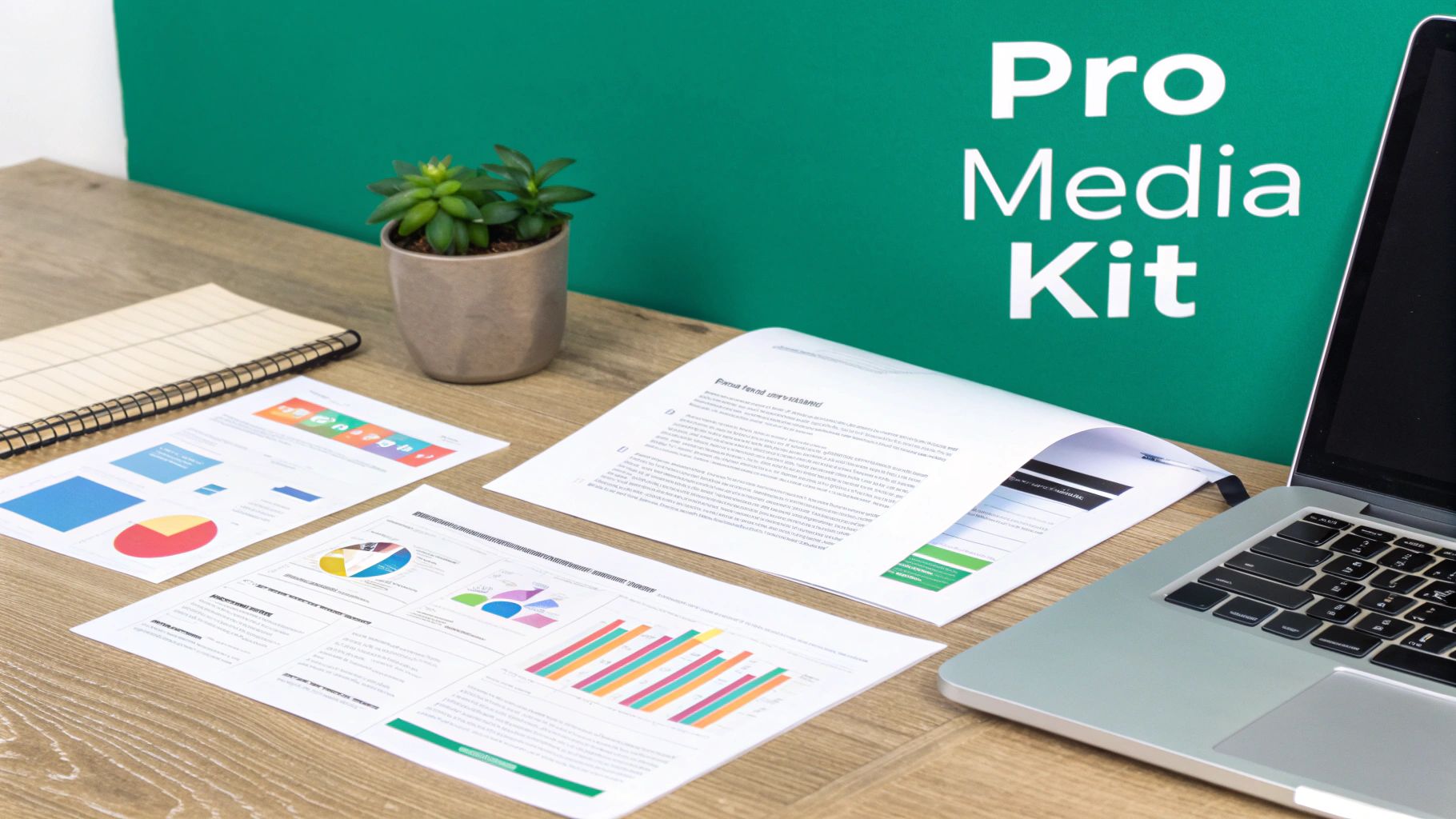 A professional desk setup with a laptop, documents showing charts, a notebook, and a plant, with 'Pro Media Kit' on a green wall.