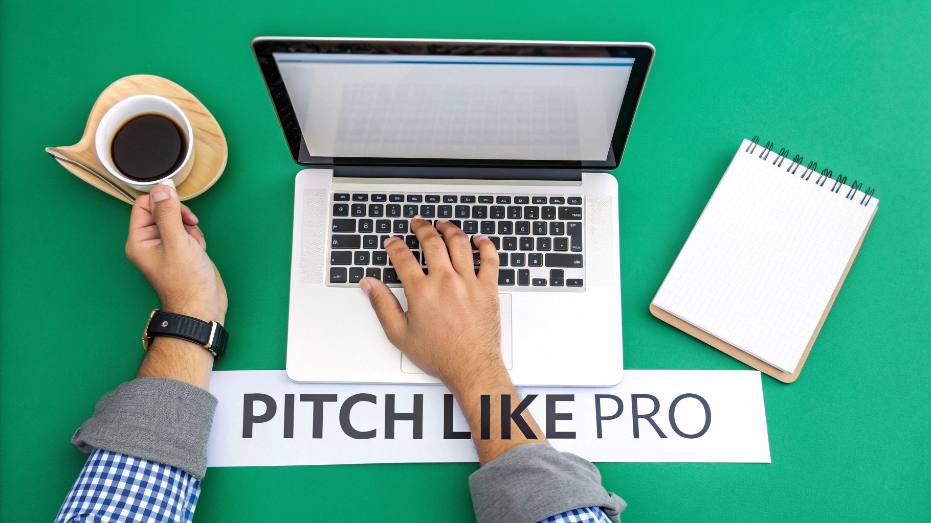 Overhead shot of a person working on a laptop, holding coffee, with a notebook, and text 'PITCH LIKE PRO'.