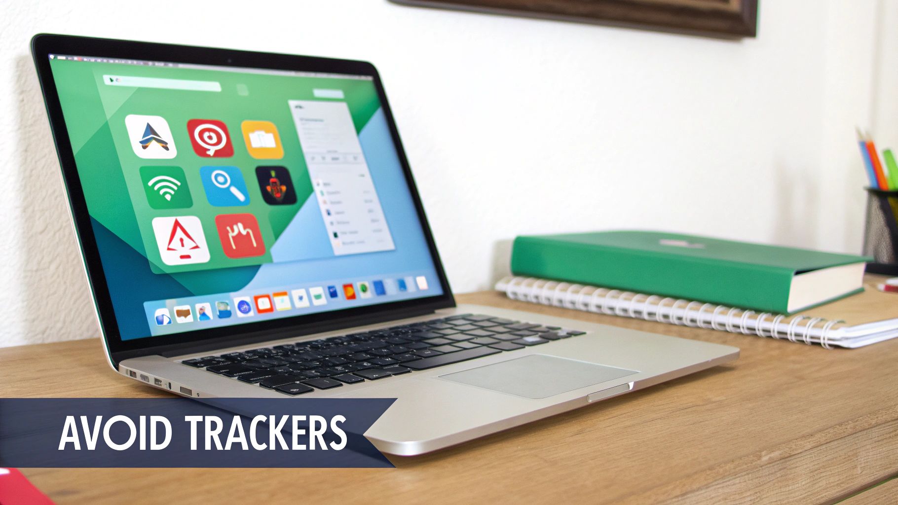 Laptop displaying privacy apps on wooden desk to avoid online trackers and protect digital privacy