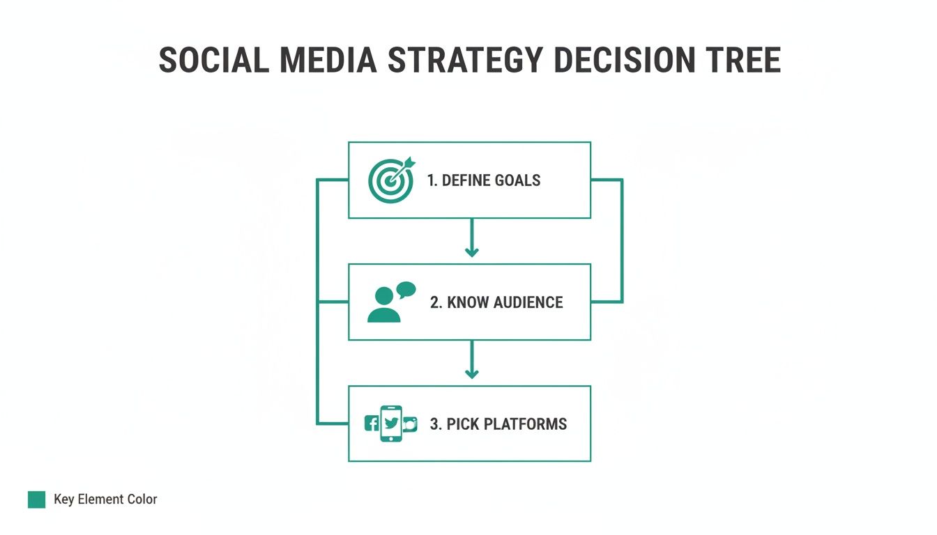 Flowchart outlining a social media strategy with steps: define goals, know audience, pick platforms.