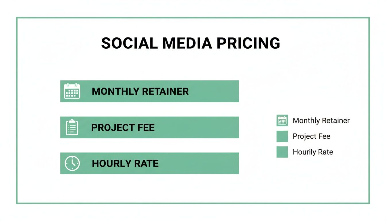 Social media pricing options are displayed, including monthly retainer, project fee, and hourly rate with icons.