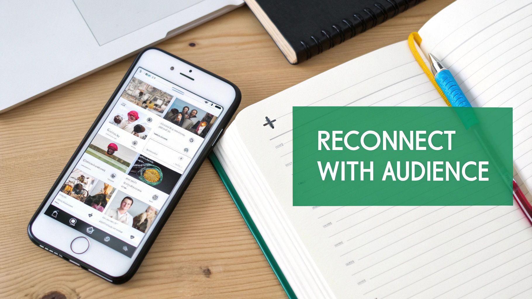 A smartphone displaying a social media feed next to an open notebook with 'RECONNECT WITH AUDIENCE' text.