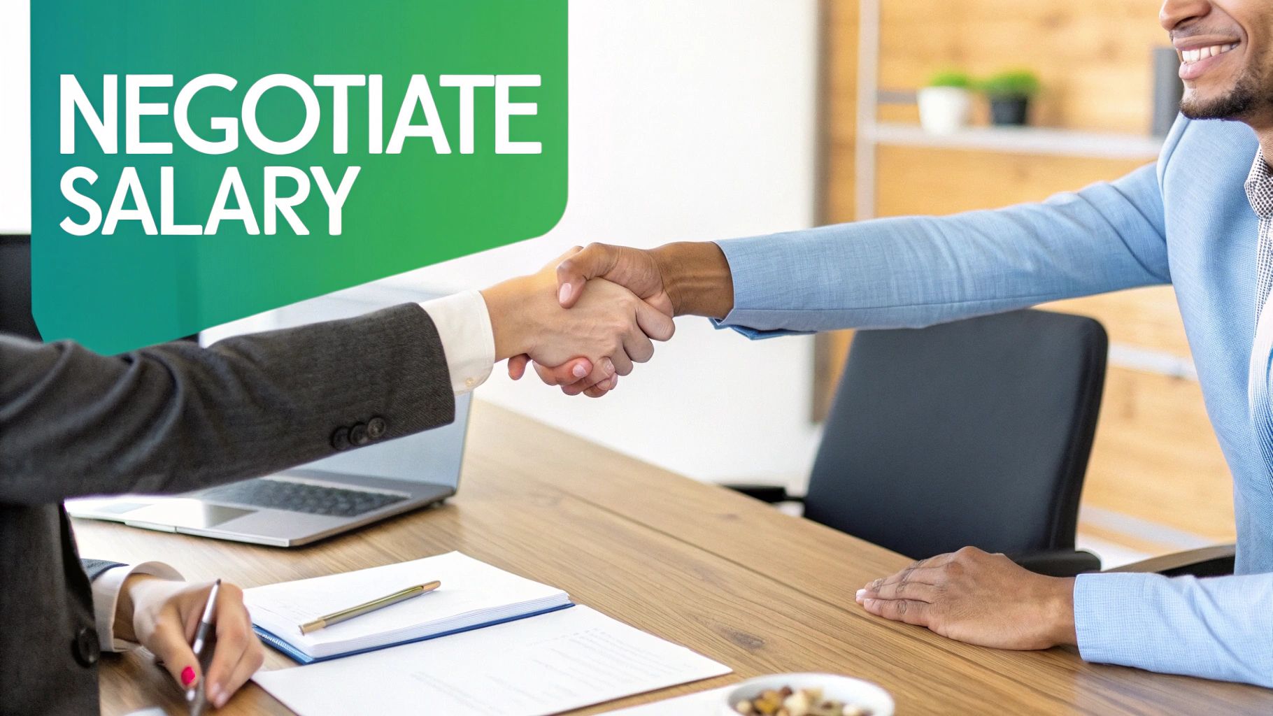 A person confidently shaking hands with a hiring manager across a desk, symbolizing a successful salary negotiation.